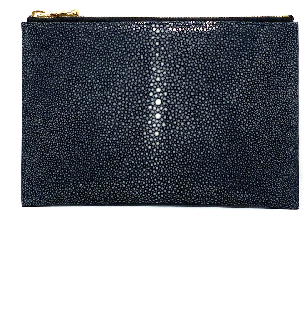 Sophia: Polished Stingray-Gray Zipper Clutch w/wristlet