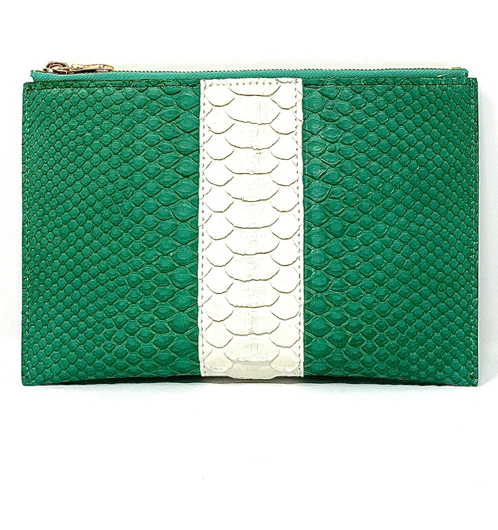 Sophia: Python- Green With White Stripe Zipper Clutch w/wristlet