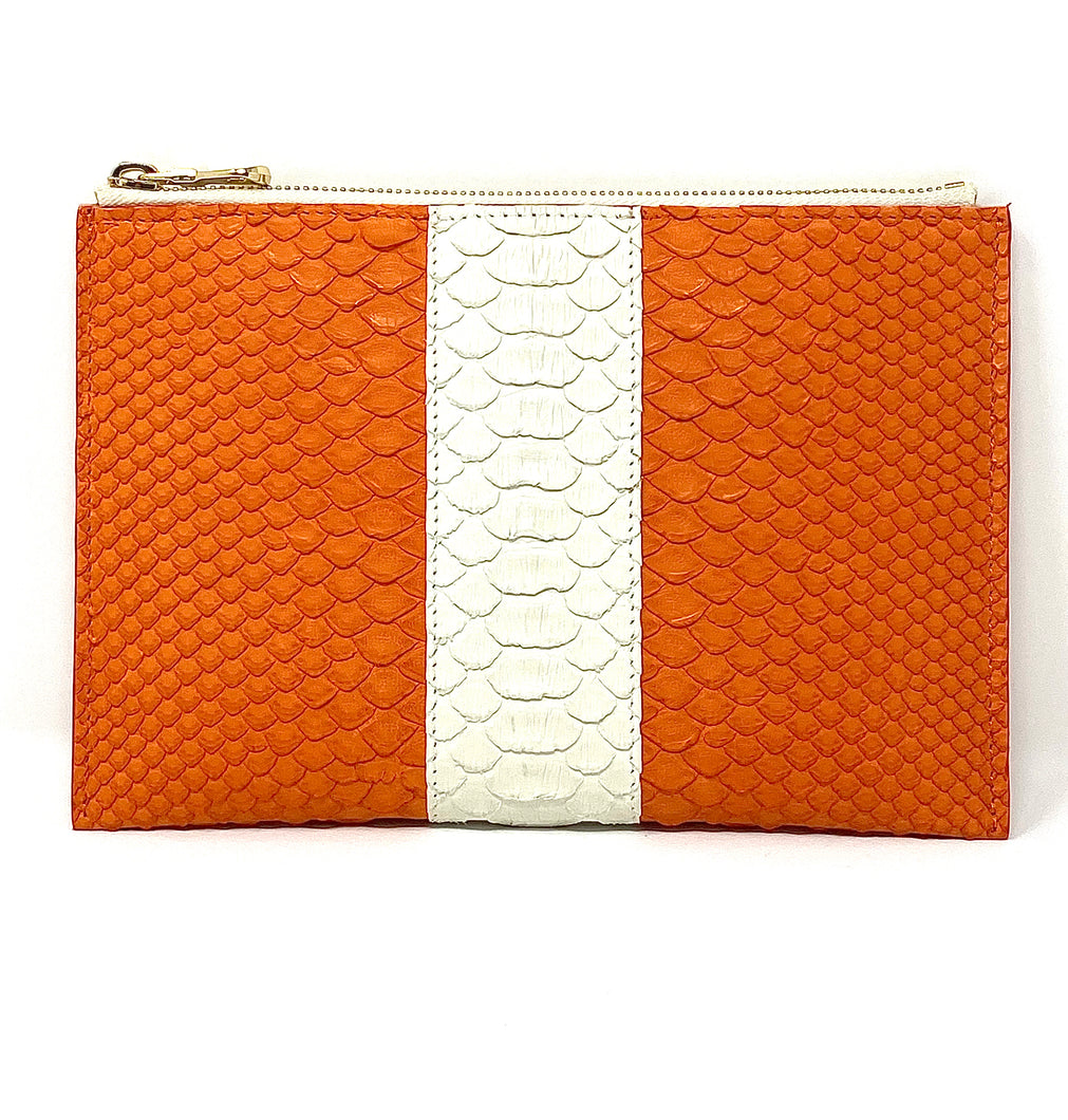 Sophia: Python- Orange with White Stripe Zipper Clutch w/wristlet