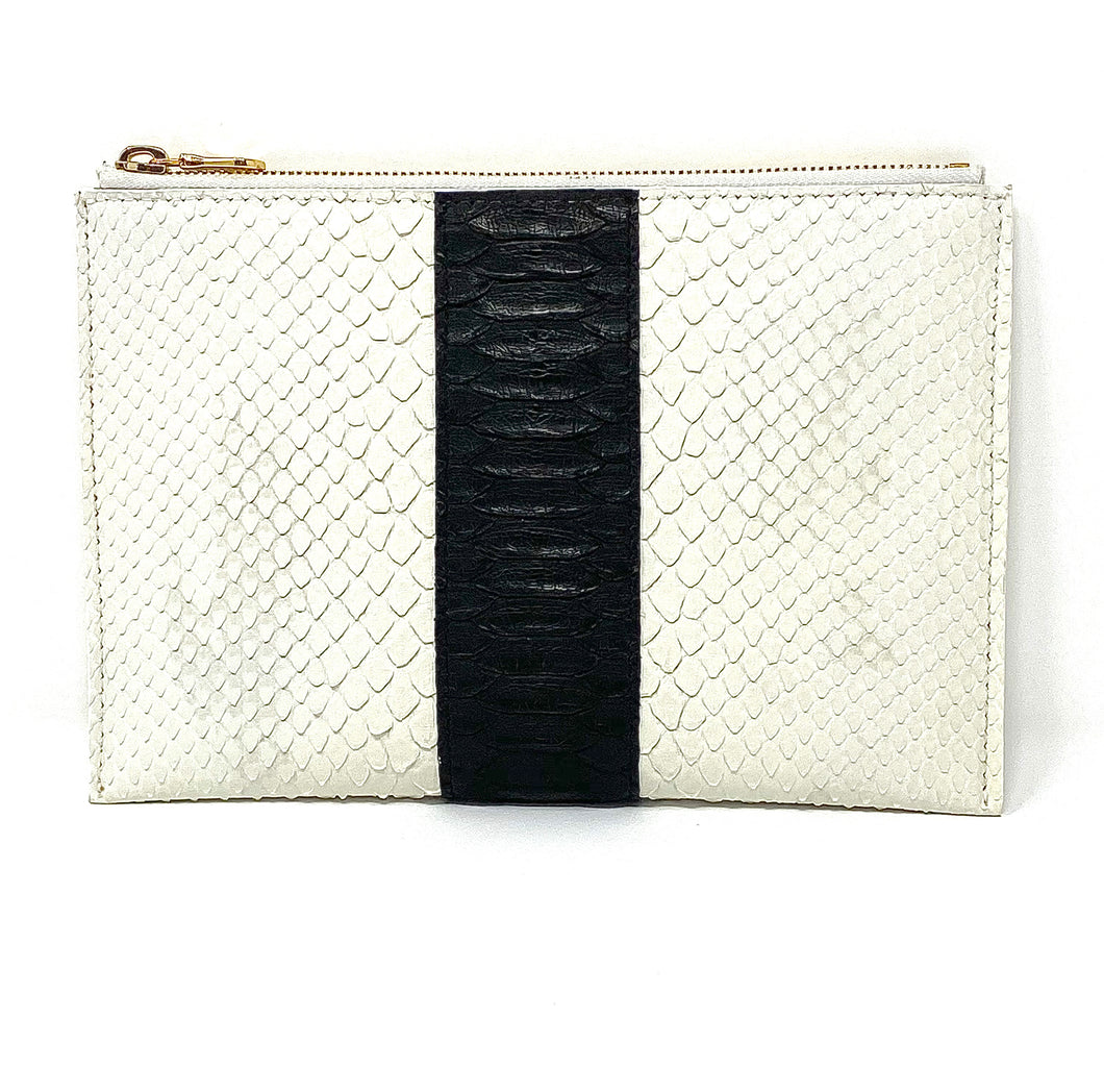 Sophia: White with Black Python Stripe Zipper Clutch w/wrislet