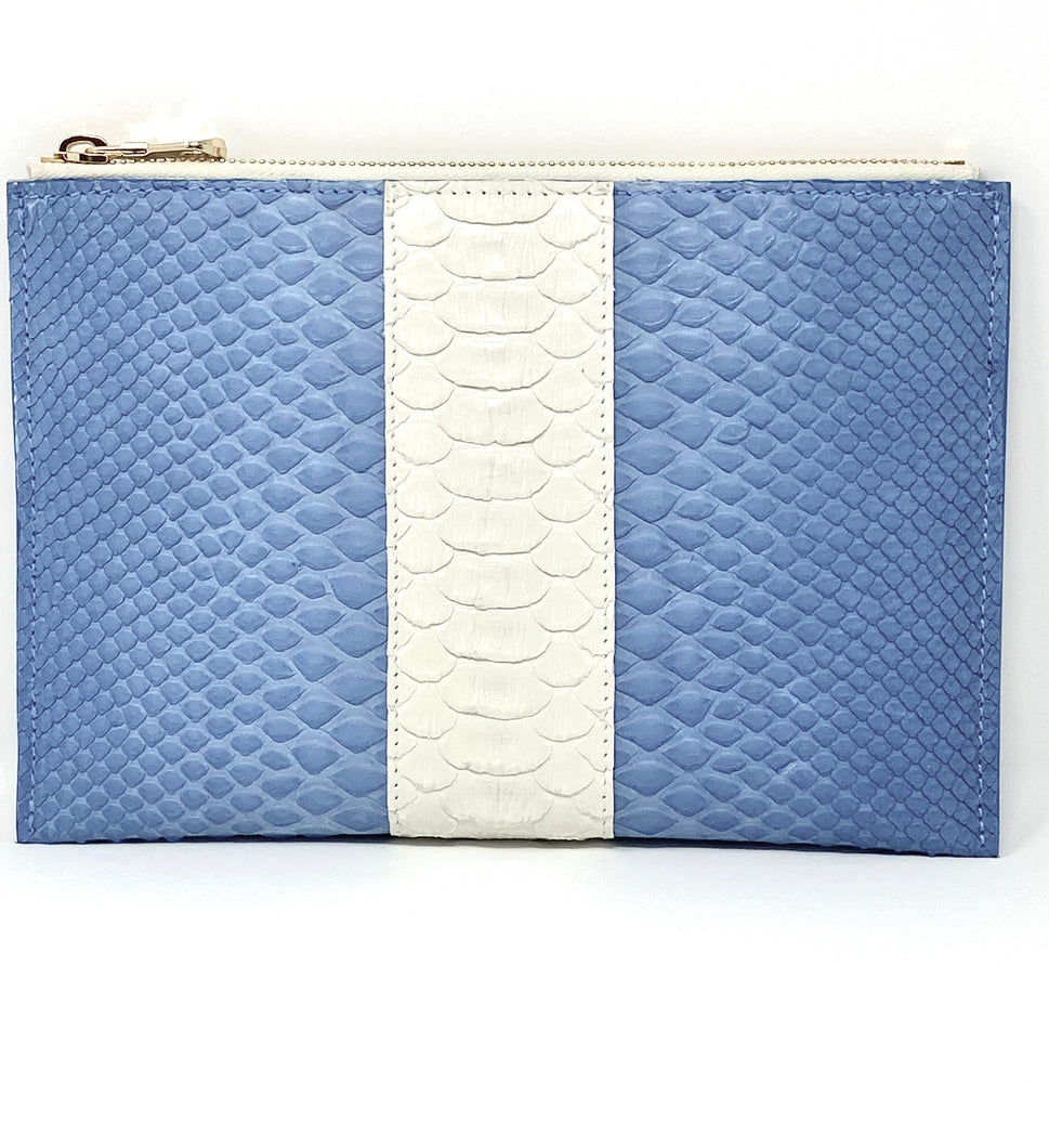 Sophia: Python- Light Blue With White Stripe Zipper Clutch w/wristlet