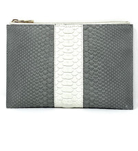 Load image into Gallery viewer, Sophia: Python- Gray With White Stripe Zipper Clutch w/wristlet