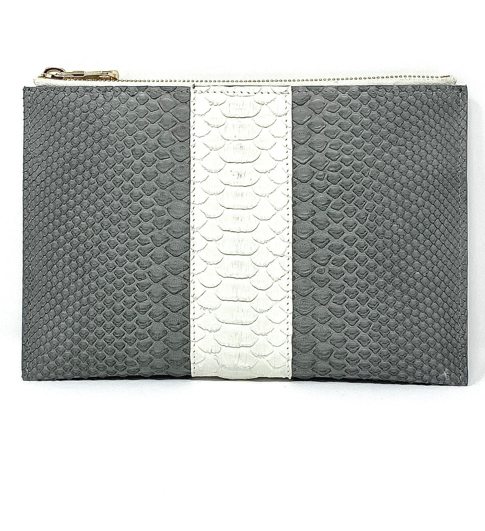 Sophia: Python- Gray With White Stripe Zipper Clutch w/wristlet