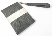 Load image into Gallery viewer, Sophia: Python- Gray With White Stripe Zipper Clutch w/wristlet