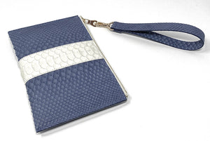 Sophia: Python- Denim Blue with White Stripe Zipper Clutch w/wristlet
